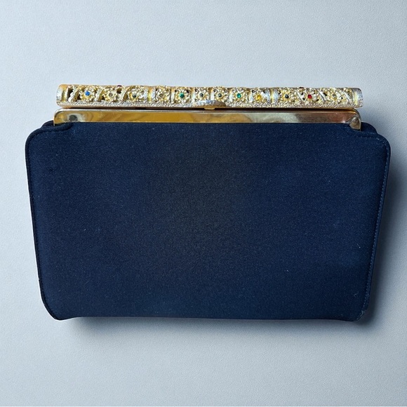 Vintage 1950s Ornate Evening Clutch Gold Filigree Handbag Satin Interior MCM - Picture 1 of 10